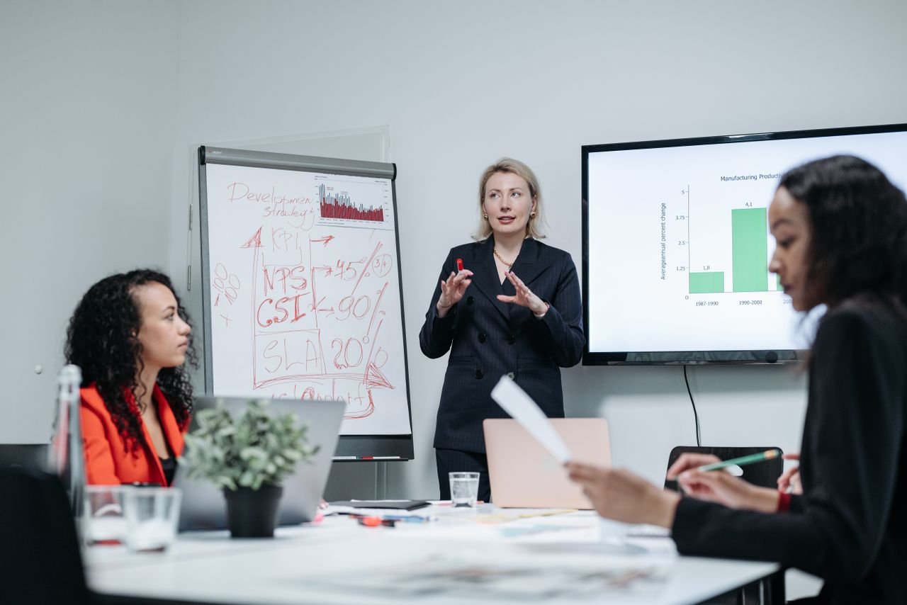 Professional business meeting with women discussing strategies and presentation charts.