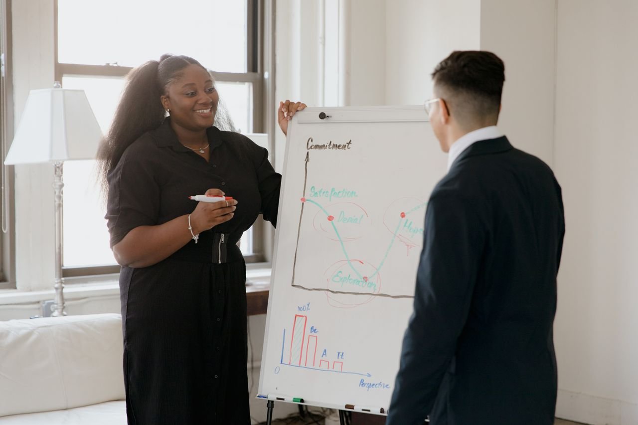 Professional business presentation with diverse team using a flip chart in a modern office setting.
